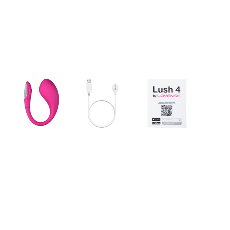 Vibrador Lovense Lush 4 en su paquete, con control remoto y accesorios, diseñado para placer y estimulación personal.