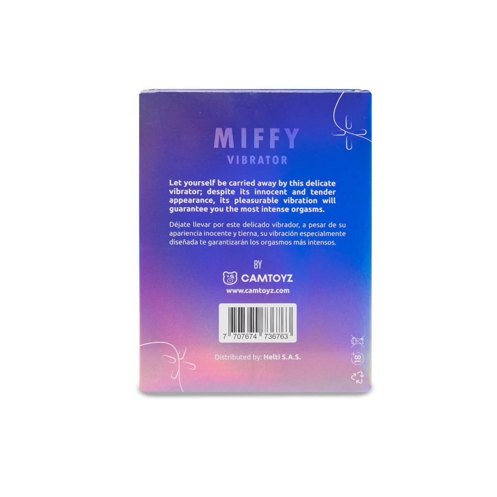 Vibrador Camtoyz Miffy con diseño de figura de conejo en color blanco y detalles en rosa, para uso íntimo y placer personal.