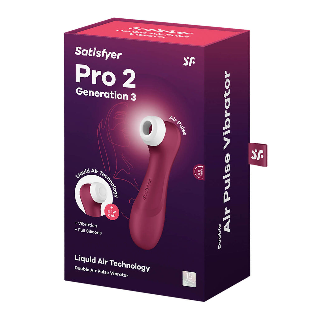 Succionador Satisfyer Pro 2 Generation 3 con aplicación en rojo intenso, diseñado por Distrisex, muestra la forma y controles del dispositivo.