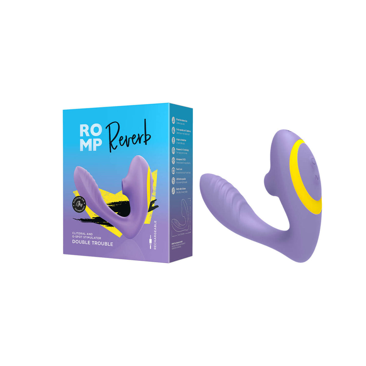 Vibrador y succionador en forma de conejo Romp Reverb, con diseño elegante y detalles visibles en la imagen.