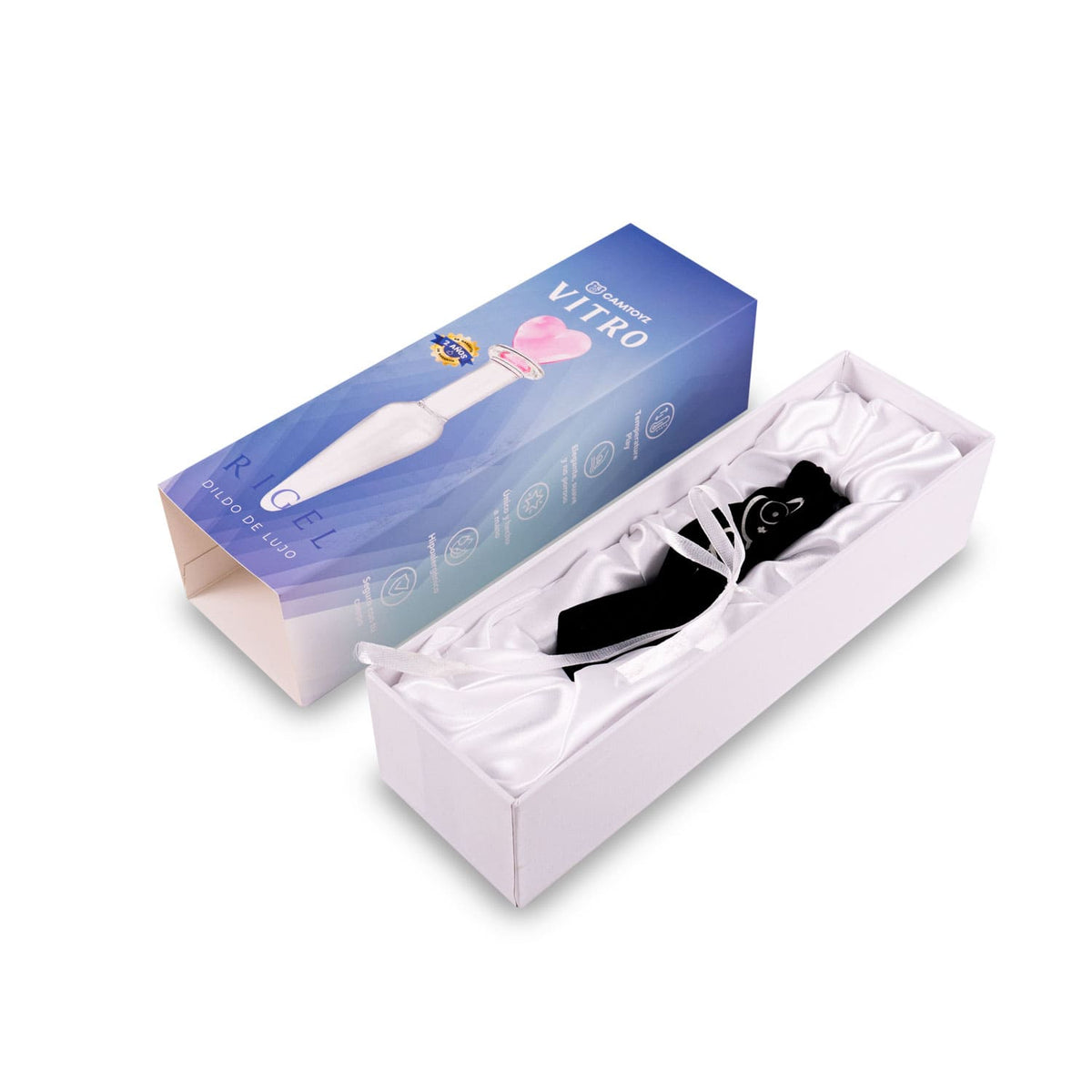 Dildo de vidrio Rigel de 13 cm de la marca Camtoyz, con forma lisa y transparente, apto para uso sensual y exploración.