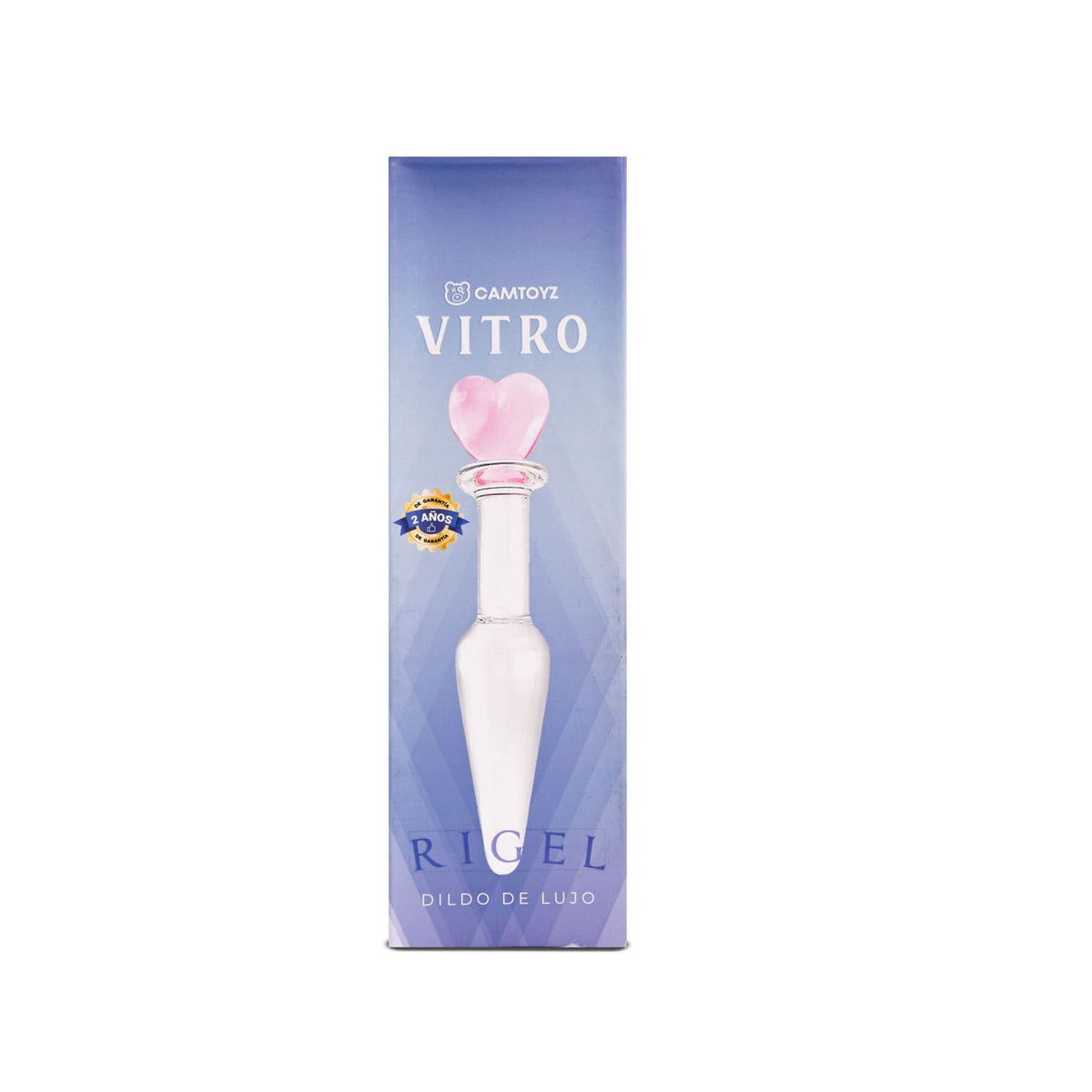 Dildo de vidrio Rigel de 13 cm de la marca Camtoyz, con forma lisa y transparente en la imagen.
