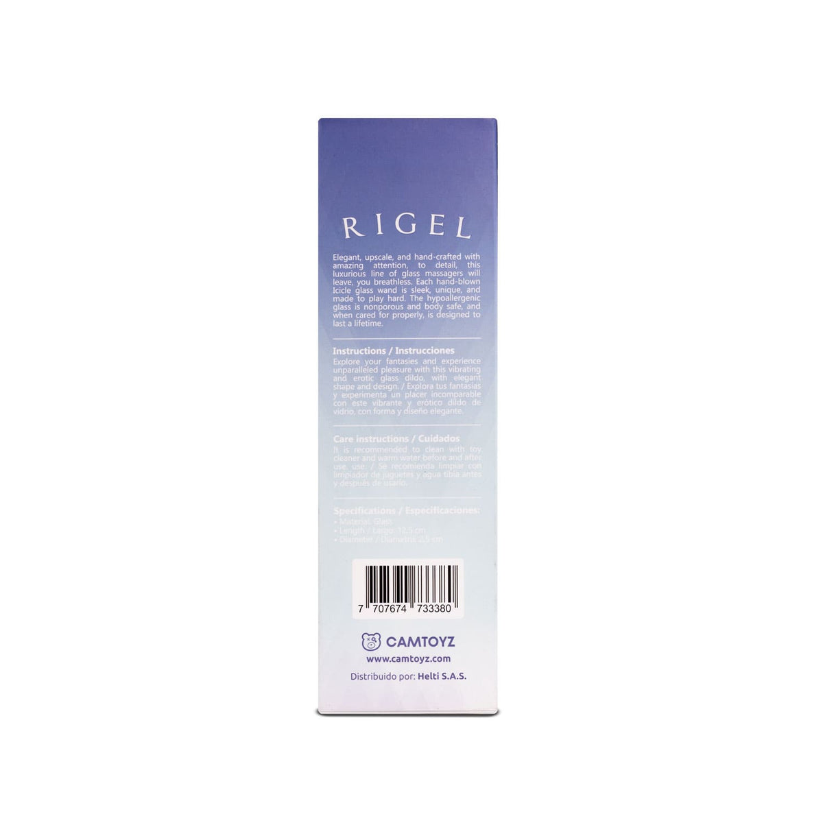 Dildo de vidrio Rigel de 13 cm de la marca Camtoyz, con forma lisa y transparente, en una superficie blanca.