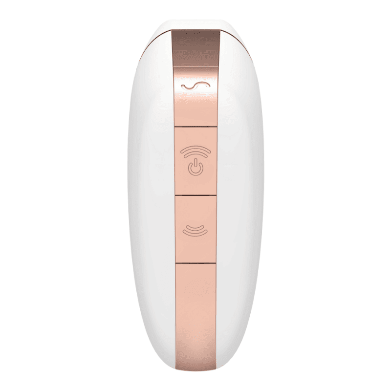Succionador Satisfyer Love Triangle blanco, diseño ergonómico y suave para placer íntimo, visible en la imagen.