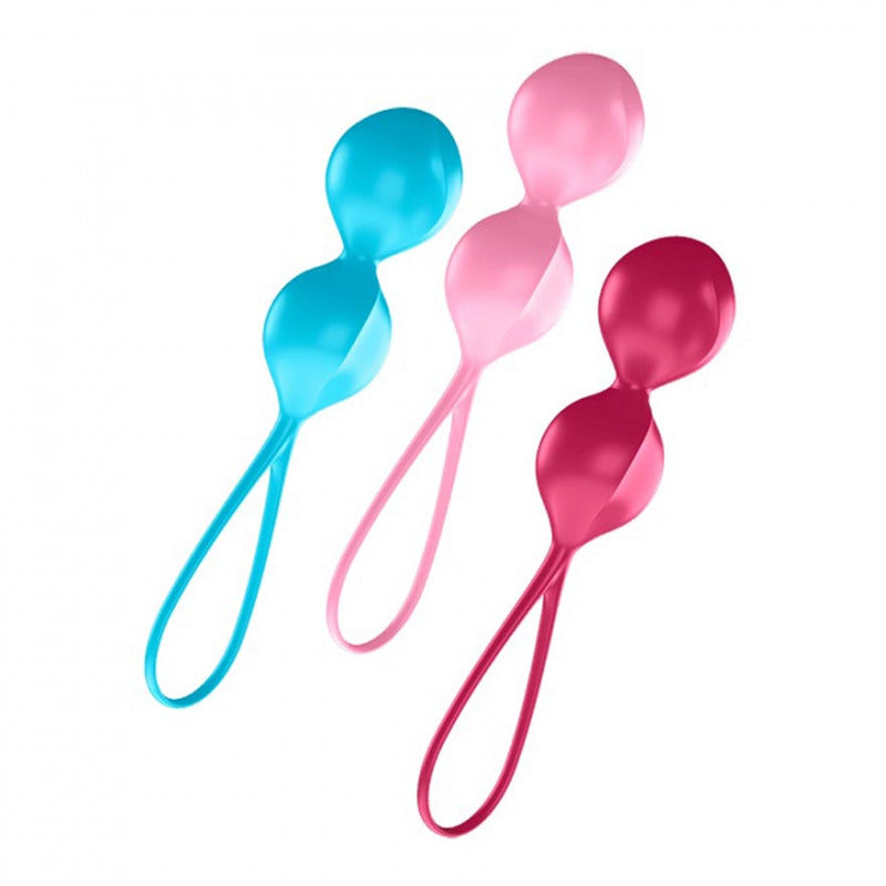 Bolas Kegel Satisfyer V Balls Tricolor de silicona con diseño colorido para ejercicios de suelo pélvico.