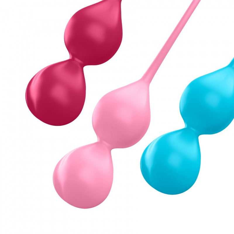 Bolas Kegel Satisfyer V Balls Tricolor en colores vibrantes, hechas de silicona suave para ejercicio de suelo pélvico.