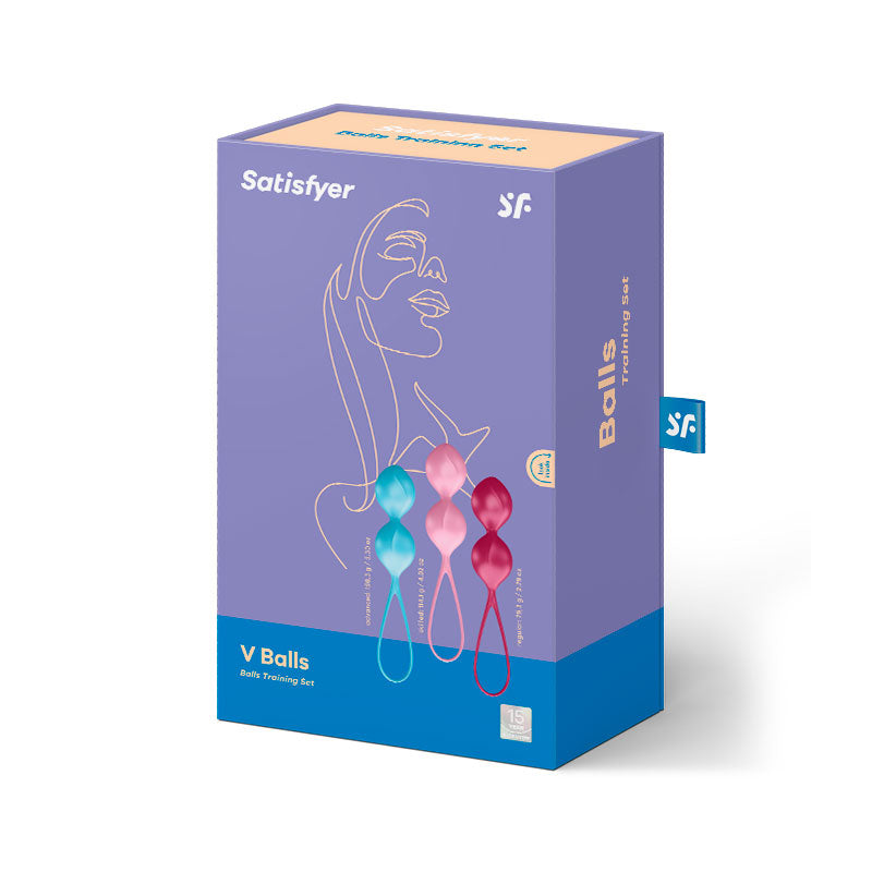Bolas Kegel Satisfyer V Balls Tricolor de silicona con diseño ergonómico y colores vibrantes para ejercicios de suelo pélvico