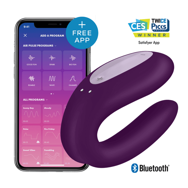 Vibrador para parejas Satisfyer Double Joy con control por app en color morado, diseñado para placer compartido.