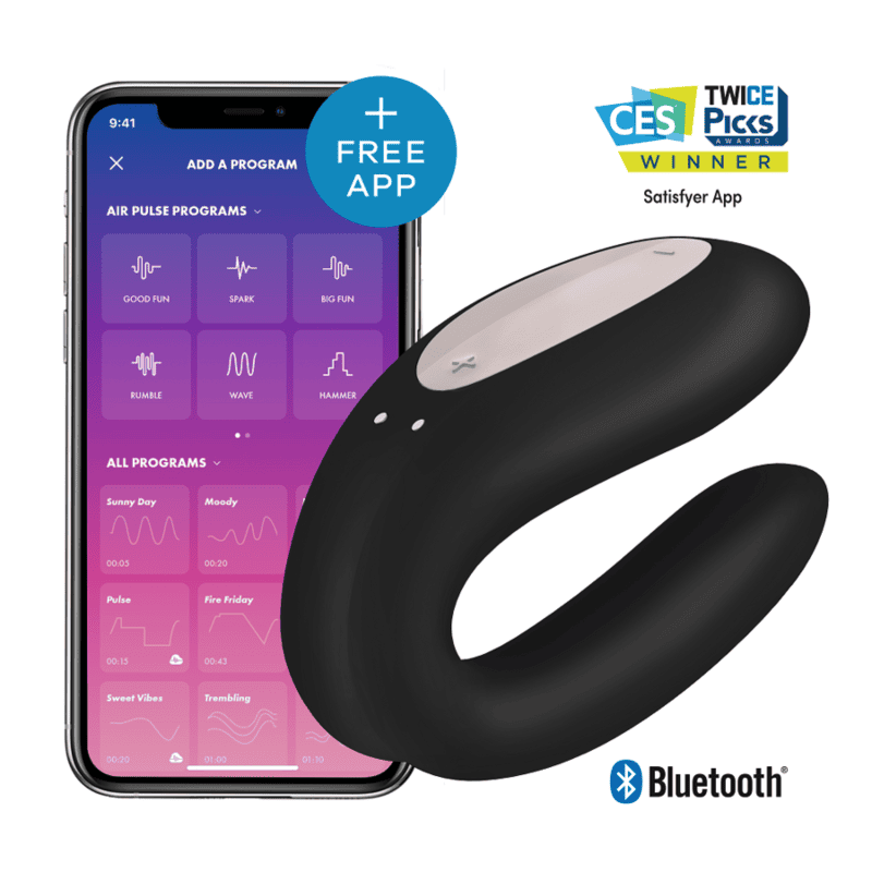 Vibrador para parejas Satisfyer Double Joy en color negro con control por app, diseñado para placer compartido.