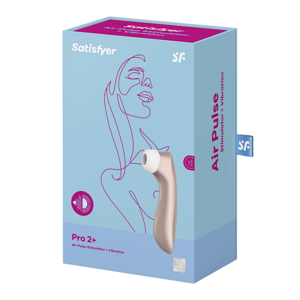 Succionador Satisfyer Pro 2+ Airpulse, vibrador y paquete de accesorios en la imagen.
