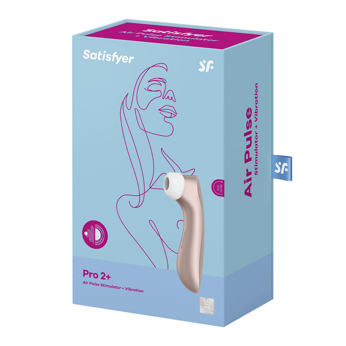 Succionador Satisfyer Pro 2+ Airpulse, vibrador y paquete de accesorios en la imagen.