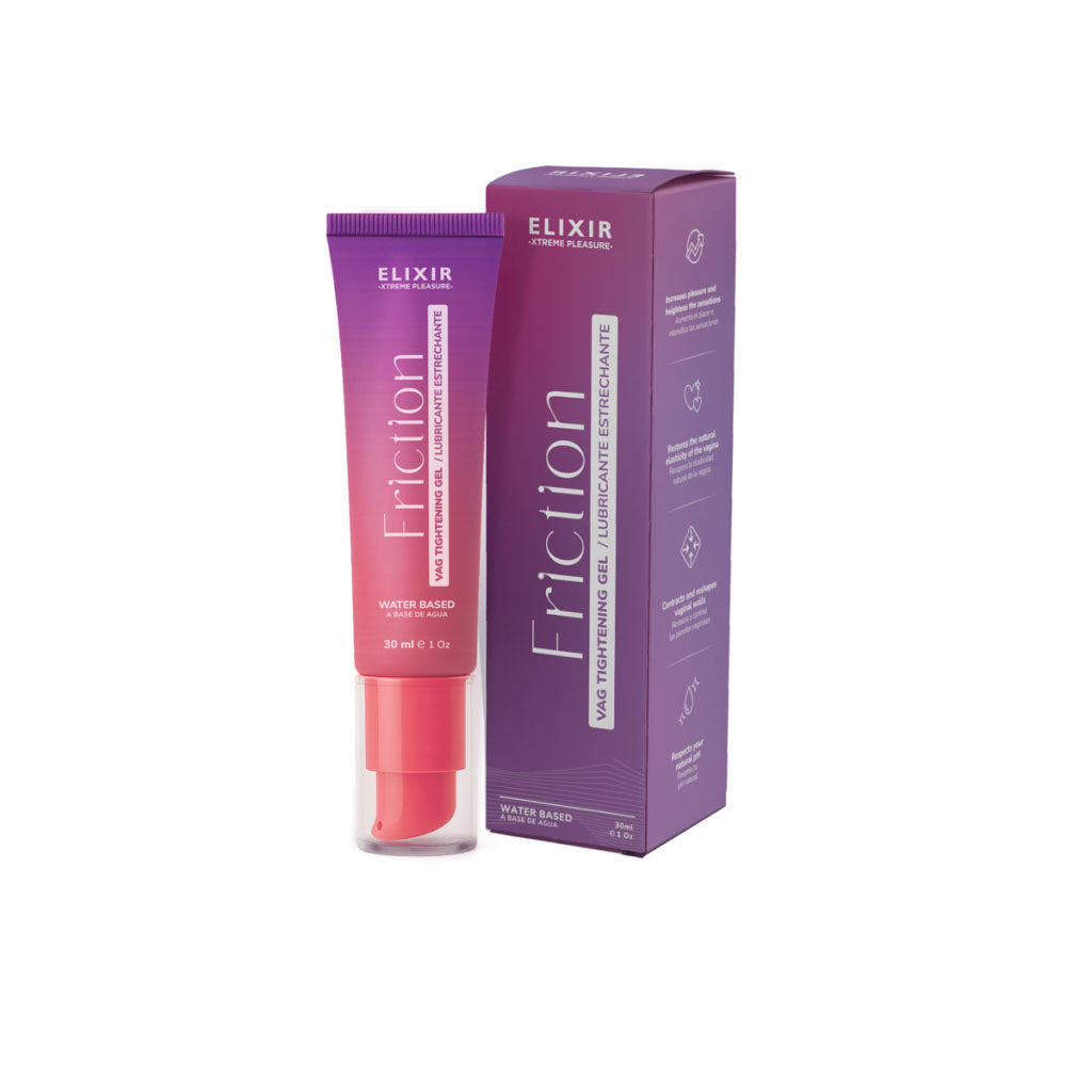 Lubricante estrechante Distrisex Friction Elixir en envase, ideal para mejorar la sensación y comodidad durante la intimidad.