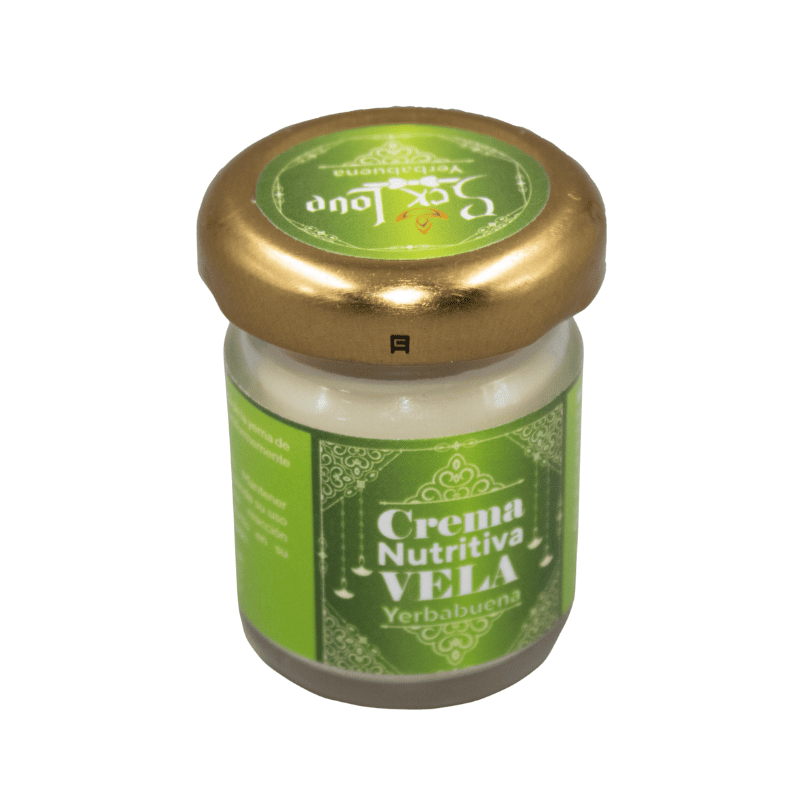 Vela para masajes corporales Frenesí de 30g, en envase de accesorios, muestra la vela lista para usar en masajes relajantes