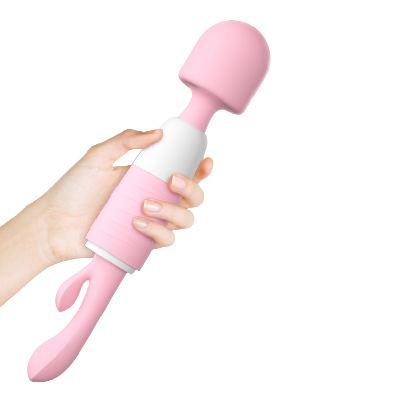 Masajeador doble función tipo Hitachi Lust recargable con vibraciones y doble estimulación, en color negro.