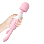 Masajeador doble función tipo Hitachi Lust recargable con vibraciones y doble estimulación, en color negro.