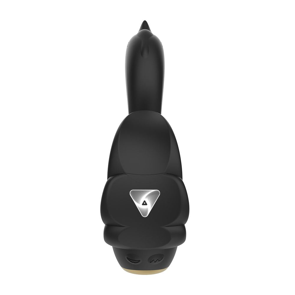 Vibrador de doble estimulación Cisne Negro de la marca Frenesí, con succión y vibración, en fondo blanco, para placer íntimo.