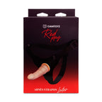 Arnés de cuero rojo para sexo con strap-on, marca Camtoyz, con correa ajustable y diseño resistente para juegos íntimos.