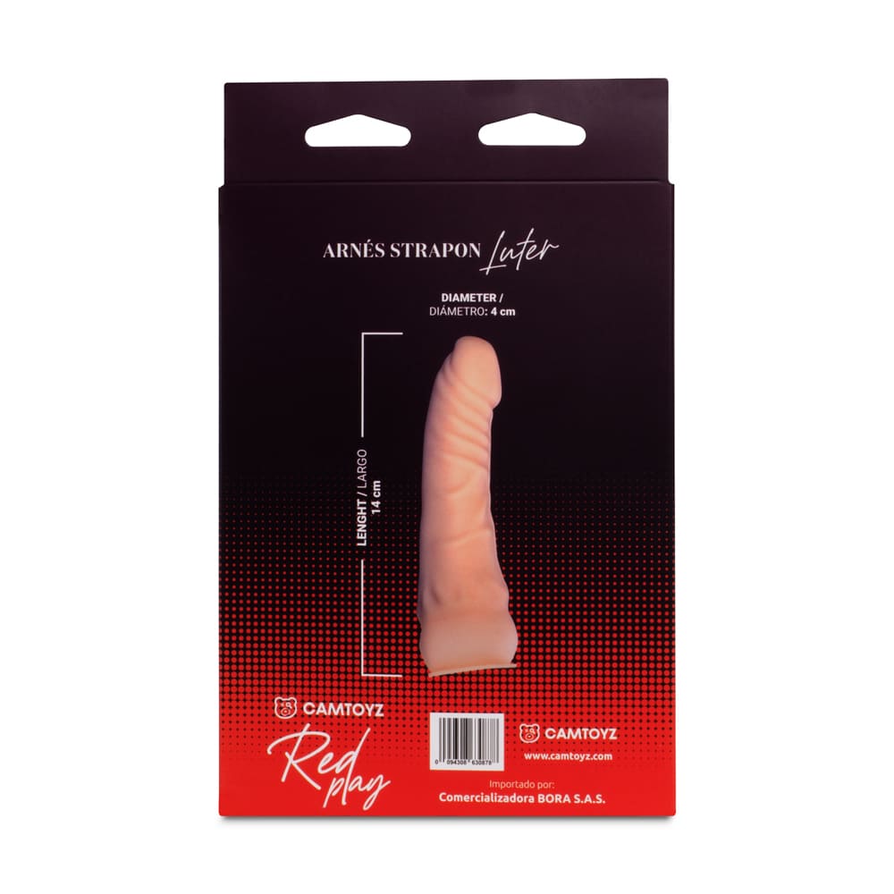 Arnés rojo de piel para juego de roles, con correa tipo Strap-On, de la marca Camtoyz, mostrando el arnés y la correa.