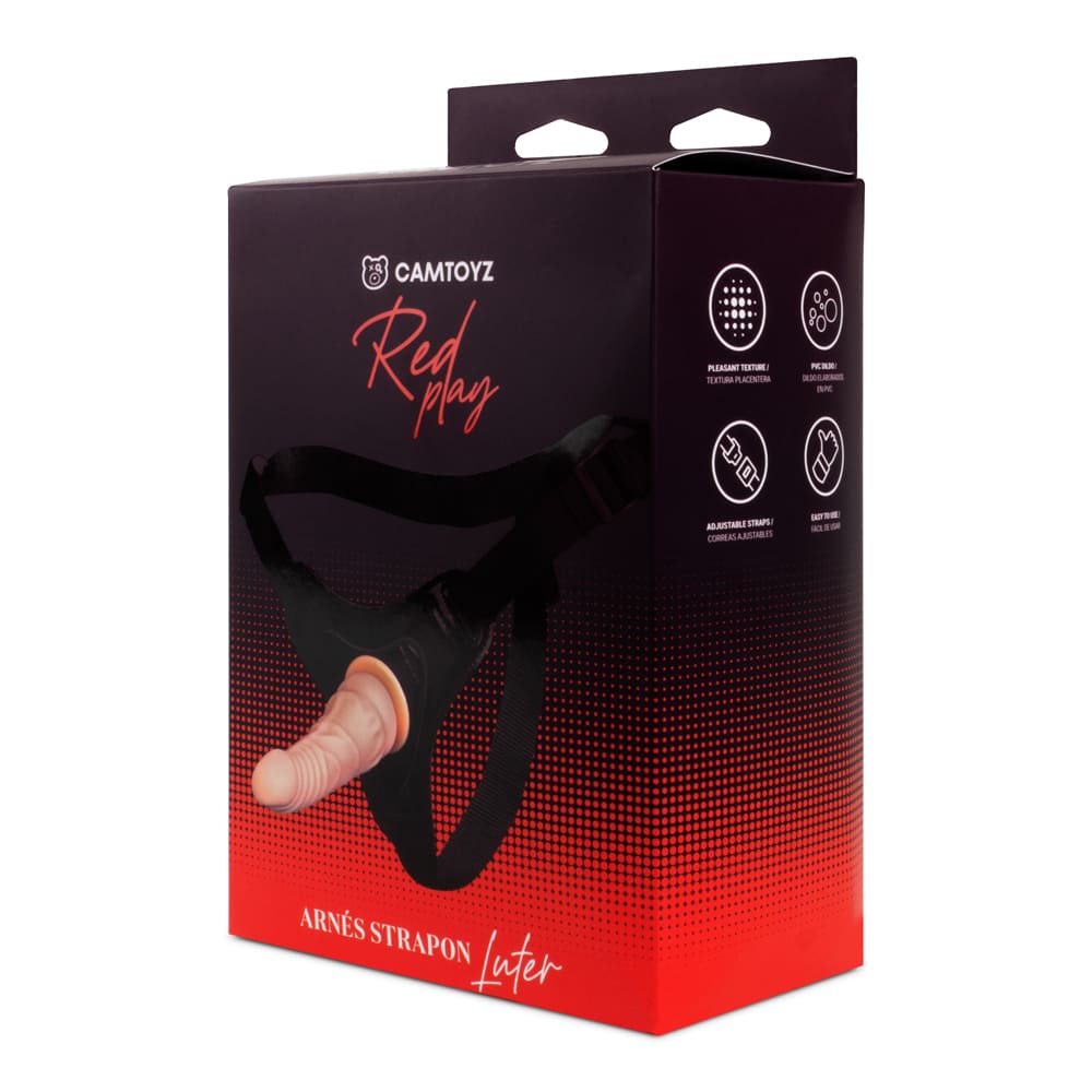 Arnés rojo para strap-on de cuero de la marca Camtoyz, diseñado para uso erótico y de lujo.