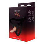 Arnés rojo para strap-on de cuero de la marca Camtoyz, diseñado para uso erótico y de lujo.