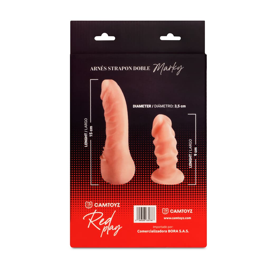 Arnés con correa estilo Double Dong de Distrisex, arnés ajustable para juegos íntimos, en color negro y con detalles de correa.