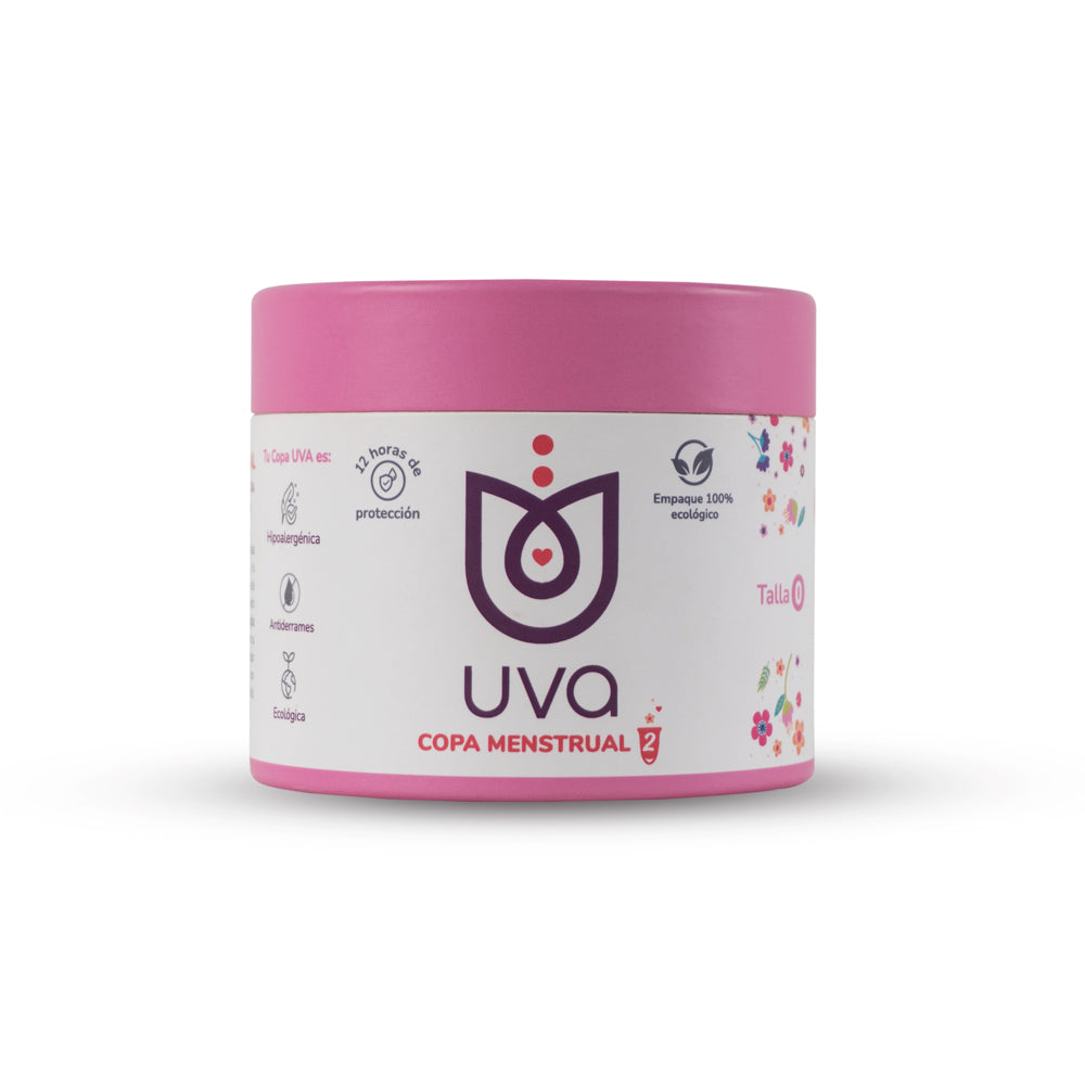 Caja de copa menstrual UVA de talla 0 en color rosado, gestión menstrual reutilizable y cómoda de la marca UVA.