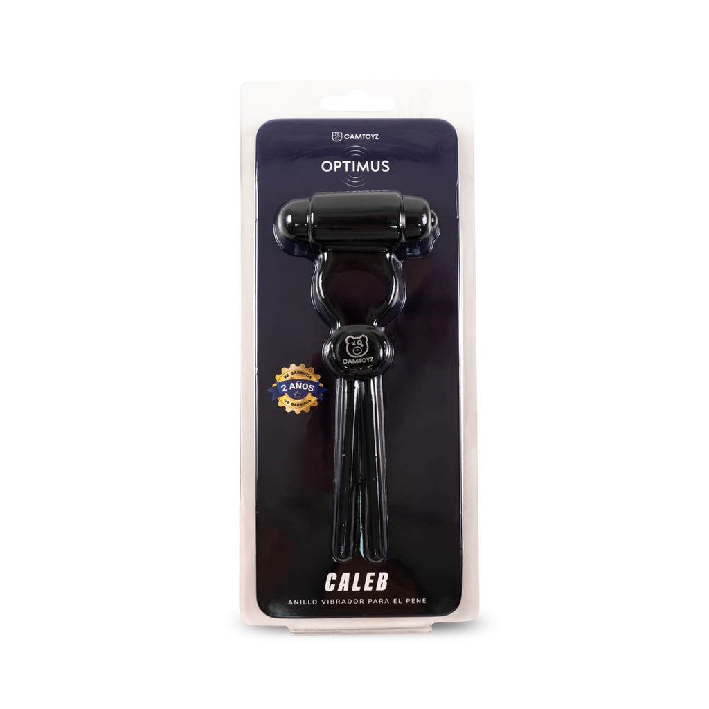 Anillo para pene Caleb Optimus de la marca Camtoyz, mostrado en la caja con detalles visibles y diseño ergonómico.