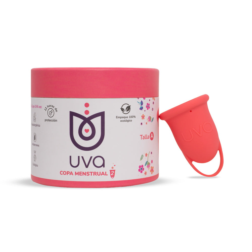 Copa menstrual UVA de gestión menstrual, tamaño A, en color salmón, con forma cónica y flexible para comodidad y protección.