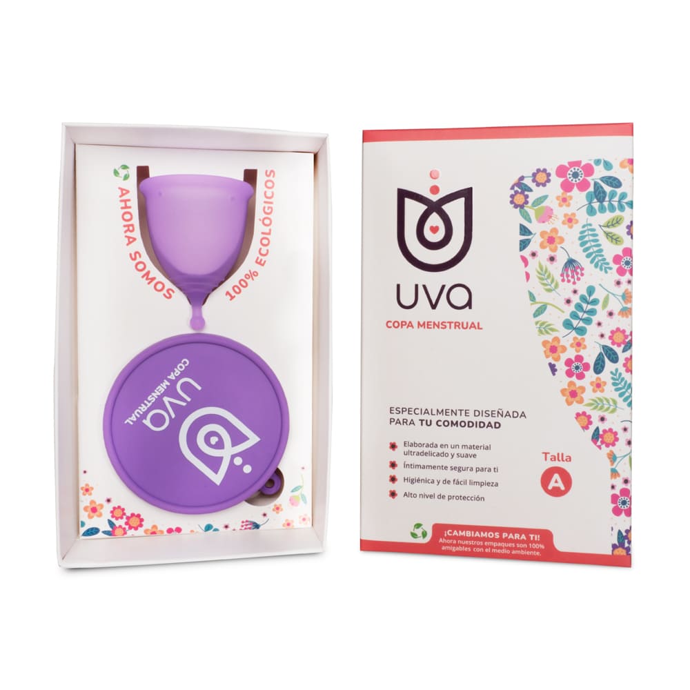 Conjunto de copa menstrual, vaso esterilizador y porta copas de la marca Uva, para gestión menstrual cómoda y segura.