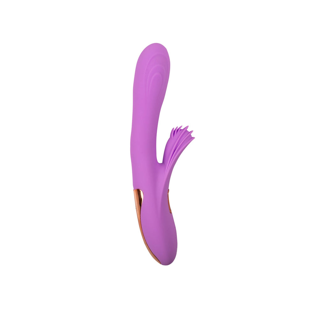 Vibrador doble término de forma de conejo de la marca Juguito de Calzón, en color lilas, para estimulación íntima.