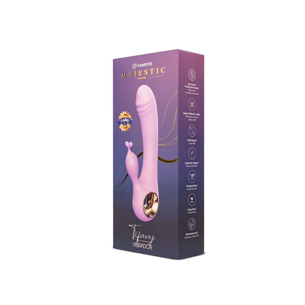 Vibrador doble Tifany de CamToyz, estimulador dual para punto G y clítoris en diseño de conejo, en color lila.
