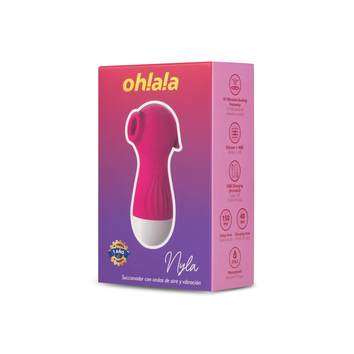Succionador Camtoyz Nyla, dispositivo de succión con diseño ergonómico y botones de control, en color rosa.