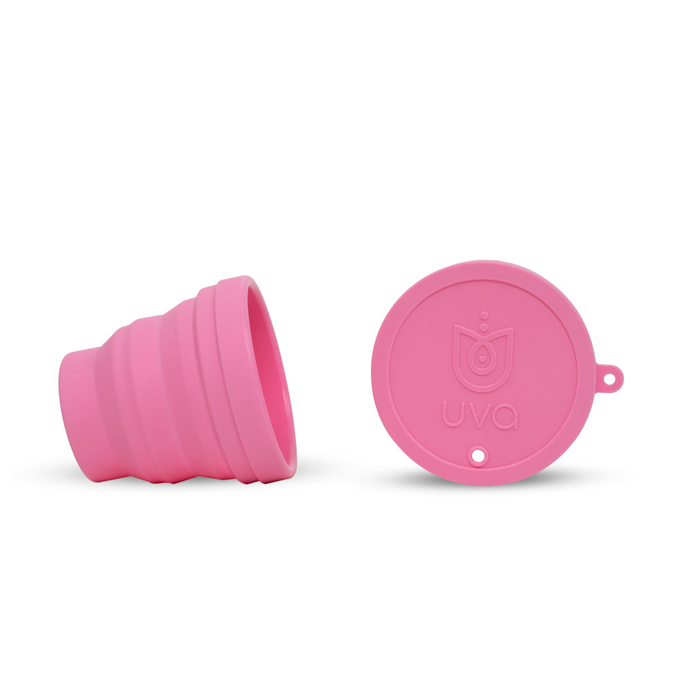 Copa menstrual UVA rosa en talla 0, herramienta de gestión menstrual, y esterilizador para higiene y comodidad.