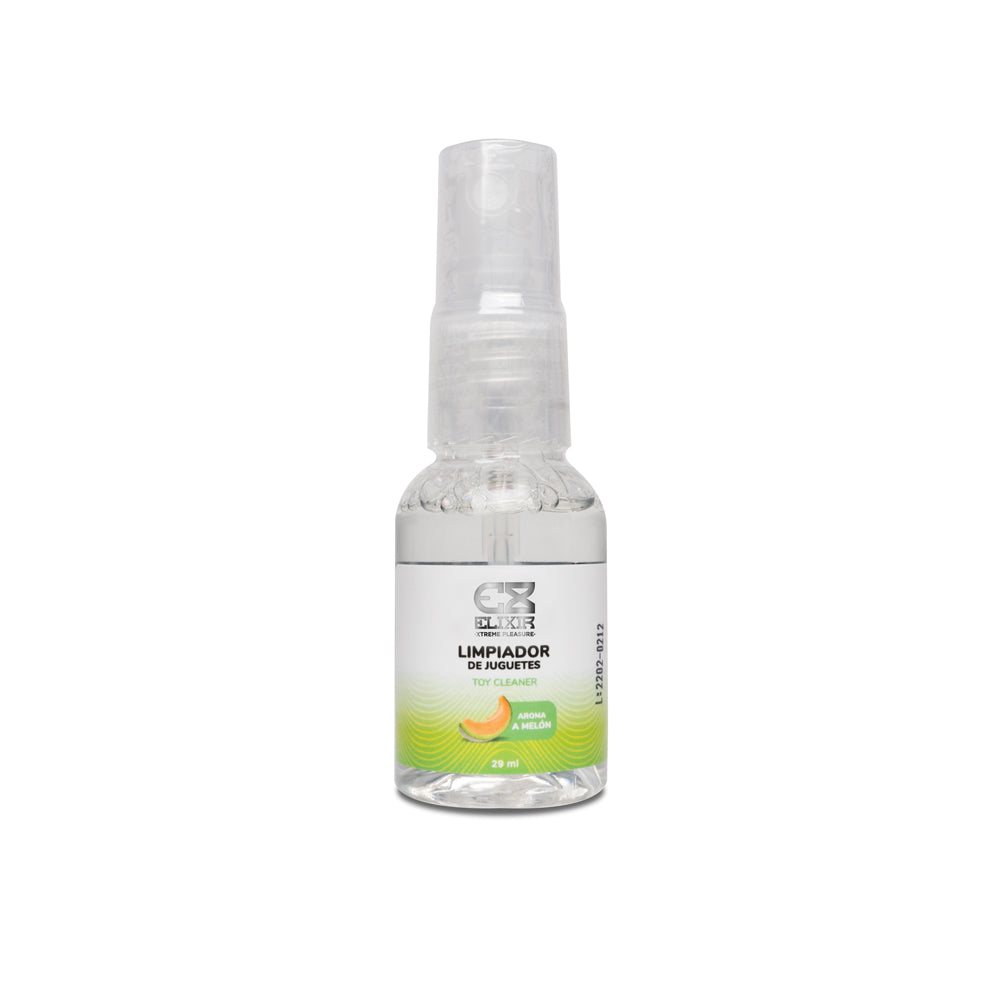 Limpiador de juguetes Elixir Melón de juguitodecalzonco, botella de 29 ml con etiqueta colorida y diseño de melón.