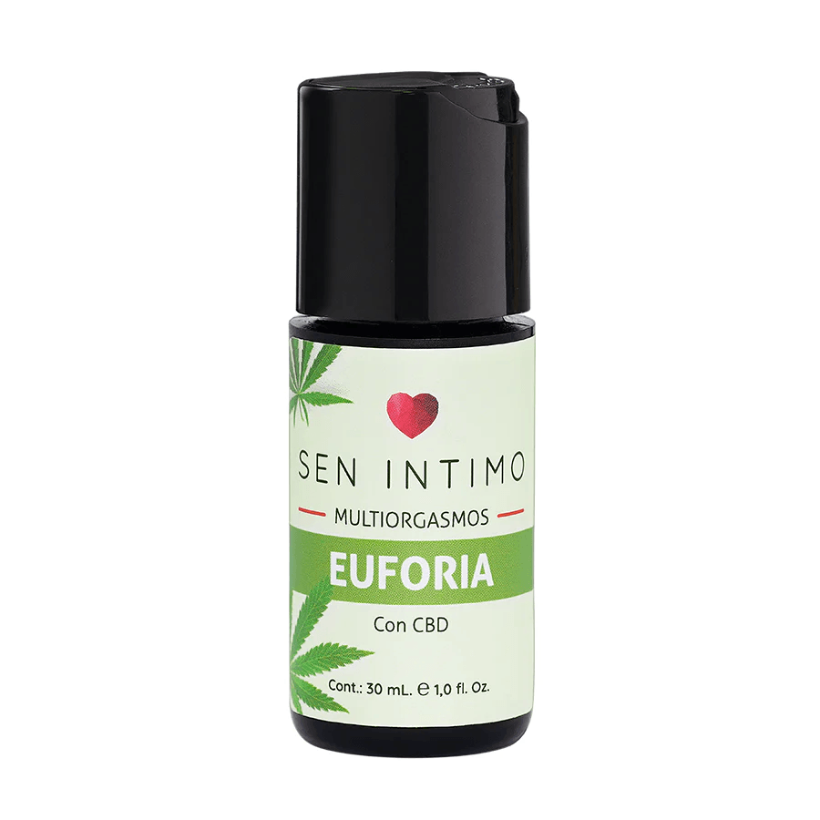 Lubricante multiorgasmo de cannabis de la marca Sen Íntimo, muestra la botella y su envase en un fondo neutro.