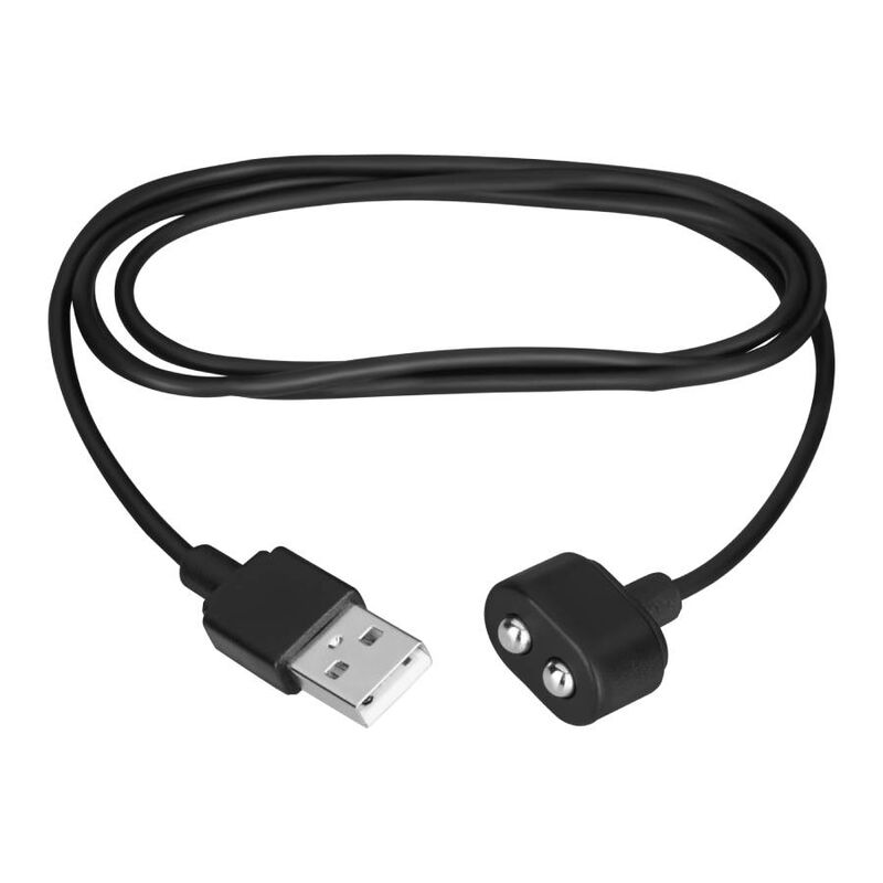 Cargador USB negro de la marca Satisfyer, con cable y conector USB tipo C para cargar dispositivos electrónicos.