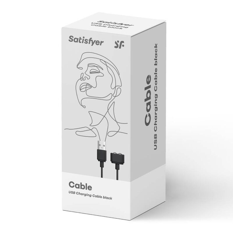 Cargador USB negro de la marca Satisfyer con cable de carga compacto y resistente para dispositivos electrónicos.