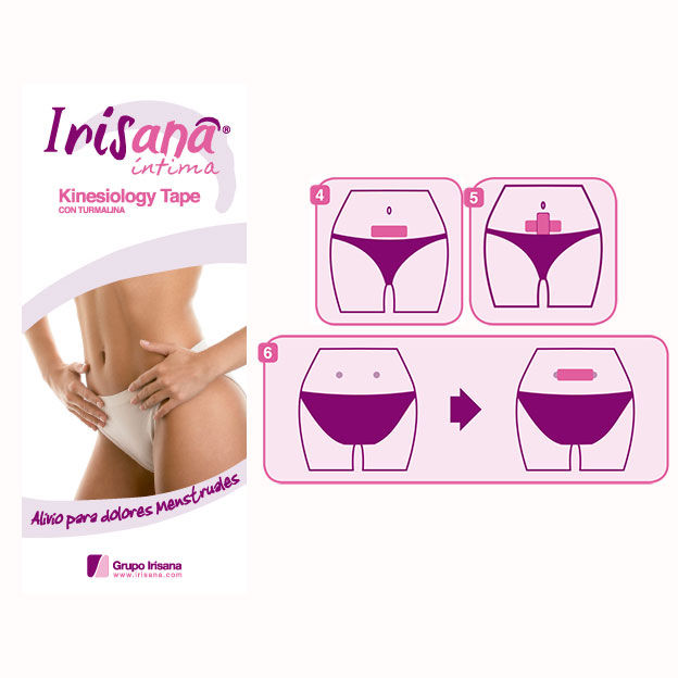 Cinta de kinesiología Irisana para gestión menstrual, aplicada en la zona abdominal para aliviar dolores menstruales.