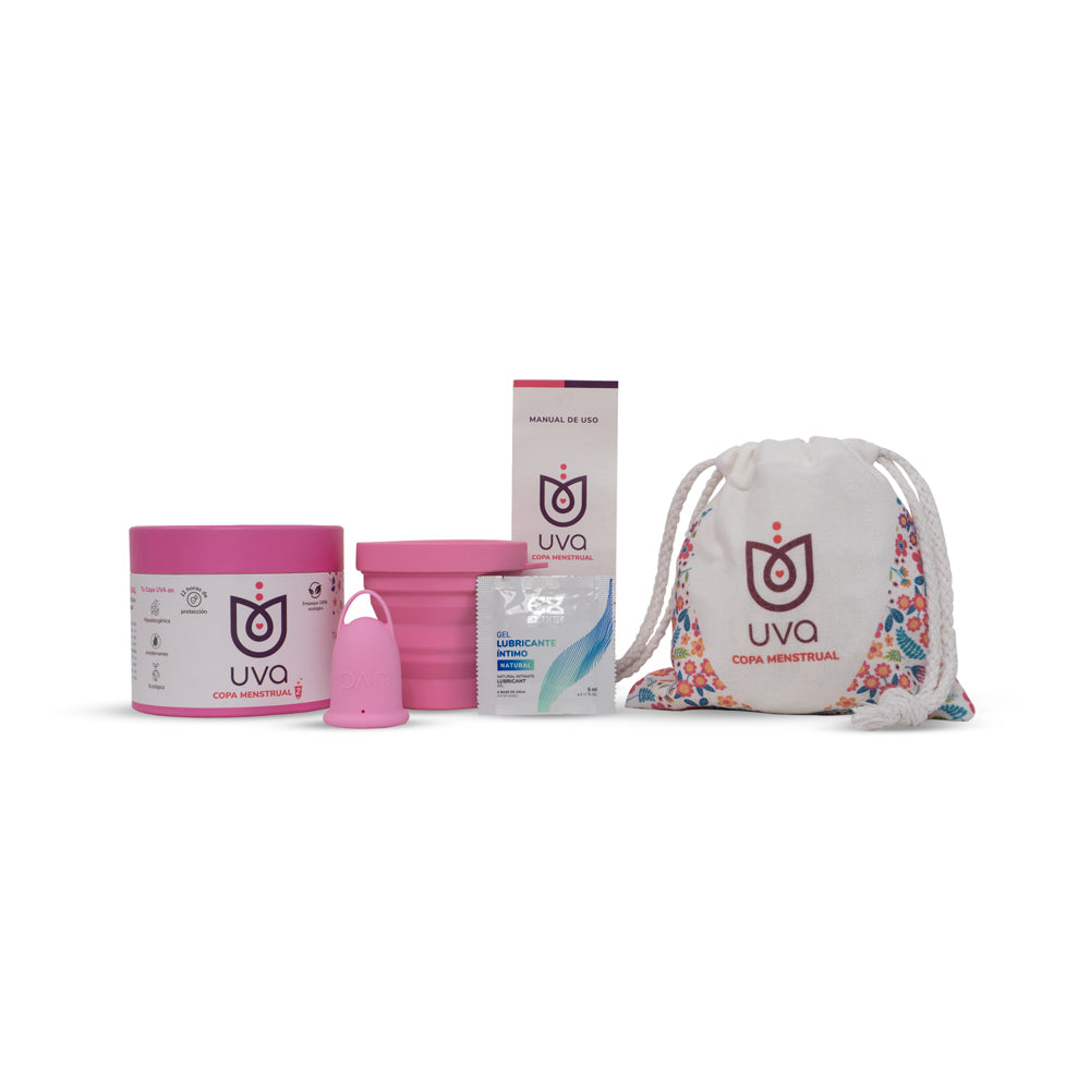 Copa menstrual UVA rosa talla 0, gestión menstrual, en un kit con funda, vista frontal en color rosado.