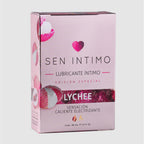Lubricante electrizante caliente de lychee de la marca Sen Íntimo, para uso íntimo, en la imagen se muestra la botella y su etiqueta.