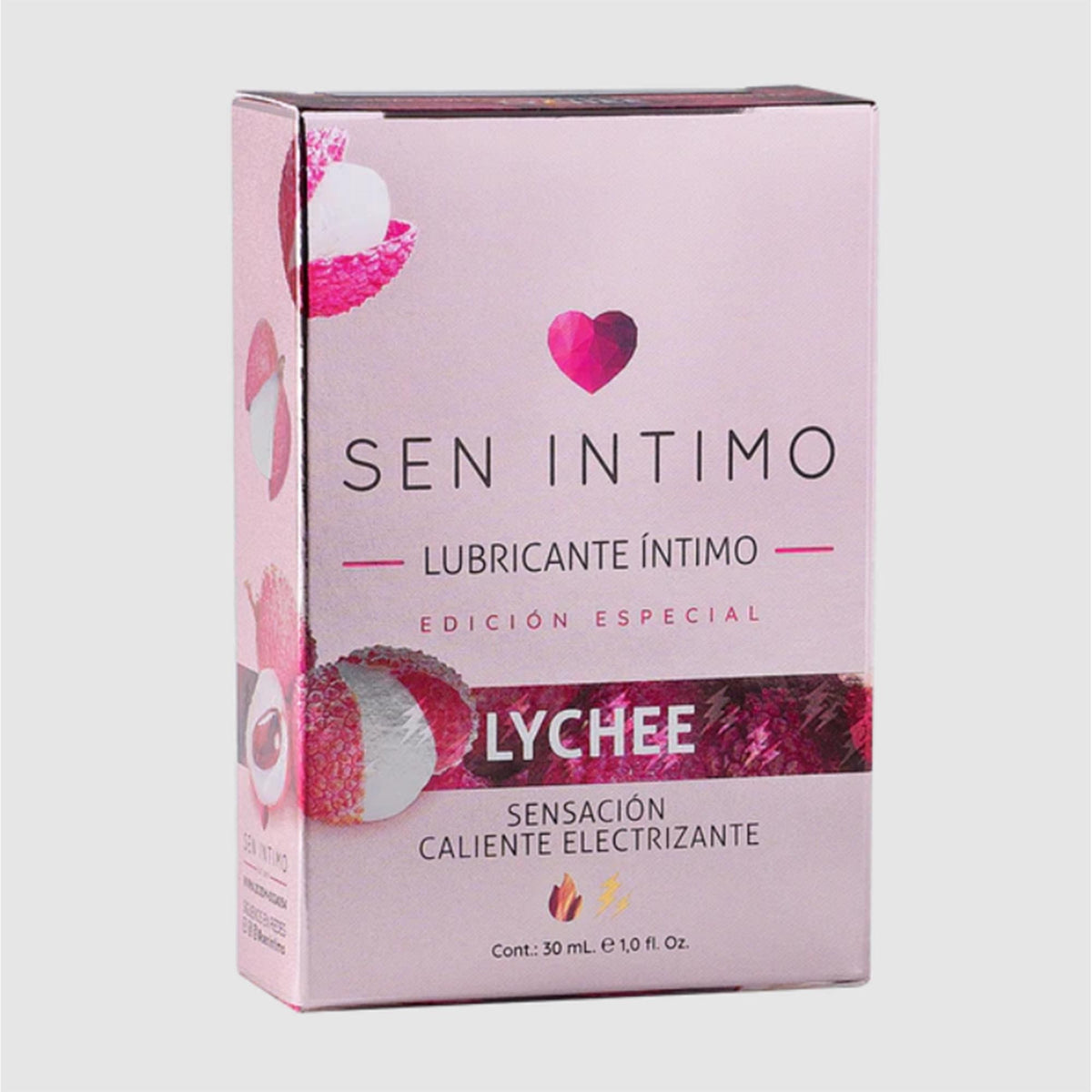 Lubricante electrizante caliente de lychee de la marca Sen Íntimo, para uso íntimo, en la imagen se muestra la botella y su etiqueta.