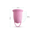 Copa menstrual UVA de gestión menstrual en talla 0 de color rosa, mostrando medidas en la imagen.