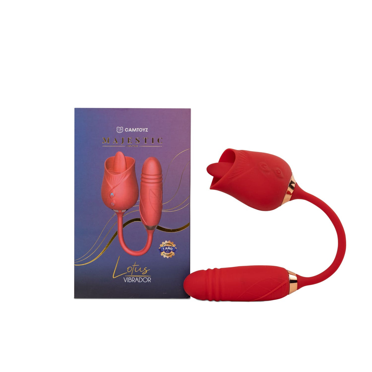 Vibrador con bala Lotus de Distrisex para doble estimulación, muestra el dispositivo y su caja en un fondo neutro.