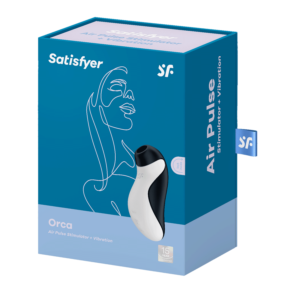 Succionador Satisfyer Orca Air Pulse, vibrador en paquete con diseño compacto y tecnología de estimulación suave.