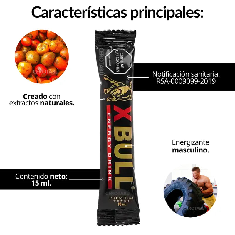 Sachet de energizante potenciador natural masculino Xbull de la marca Distrisex, visible en la imagen con detalles del empaque.