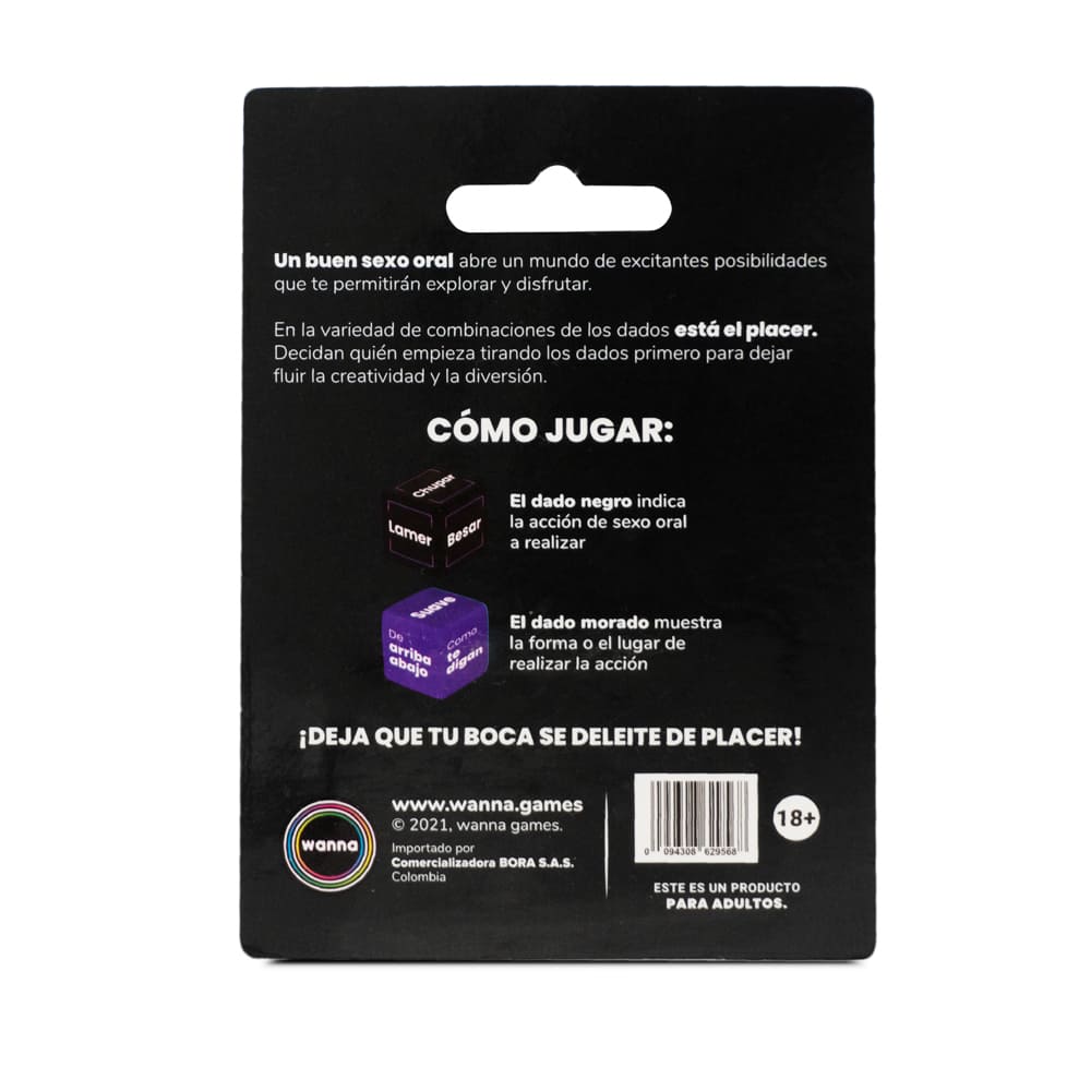 Dados para sexo oral Wanna Dados Sexo Oral X 2 en un juego para adultos, con instrucciones y diseño en colores vibrantes.