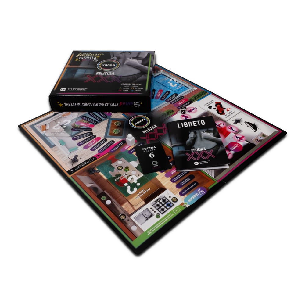 Juego de mesa Wanna Película XXX para adultos, con cartas y accesorios, en caja con ilustraciones temáticas.