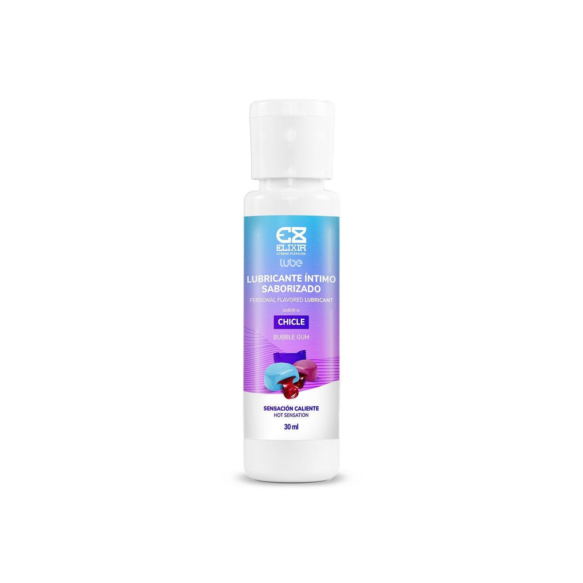 Lubricante caliente saborizado Elixir Chicle de 30 ml, lubricante para uso íntimo con aroma a chicle, en botella pequeña.
