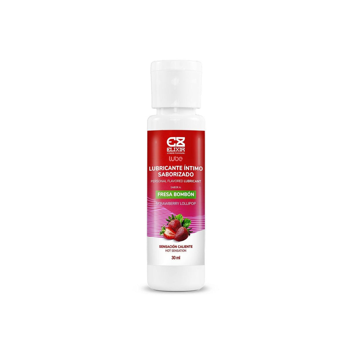 Lubricante caliente saborizado a fresa Bombón de Elixir en frasco de 30 ml, lubricante íntimo con sabor dulce y estimulante.