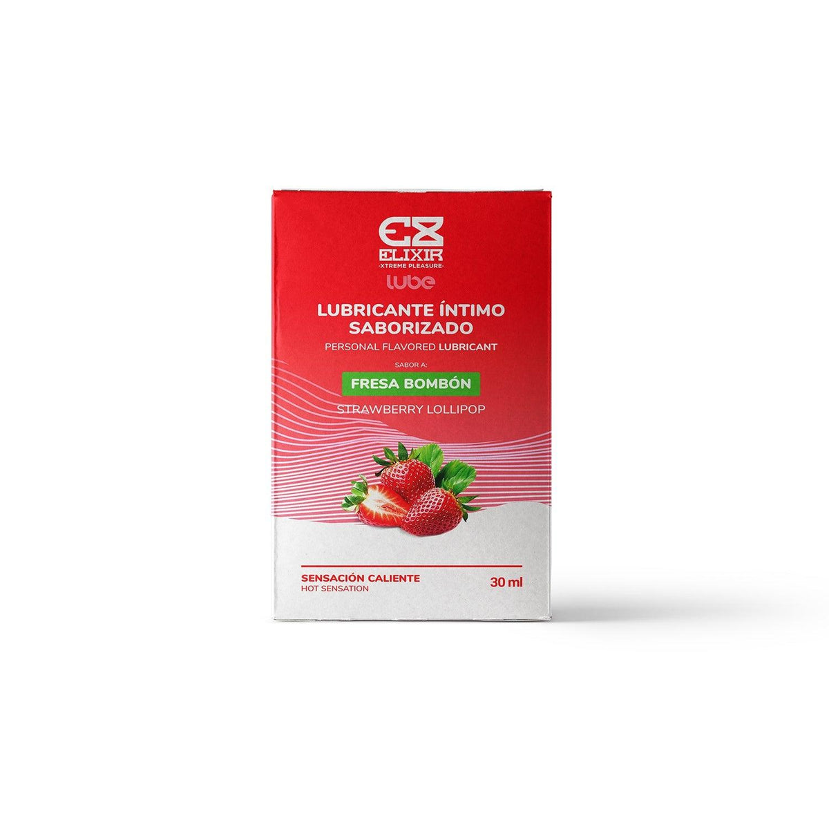 Lubricante caliente saborizado a fresa Bombón de 30 ml de la marca Elixir, con textura suave y aroma frutal.